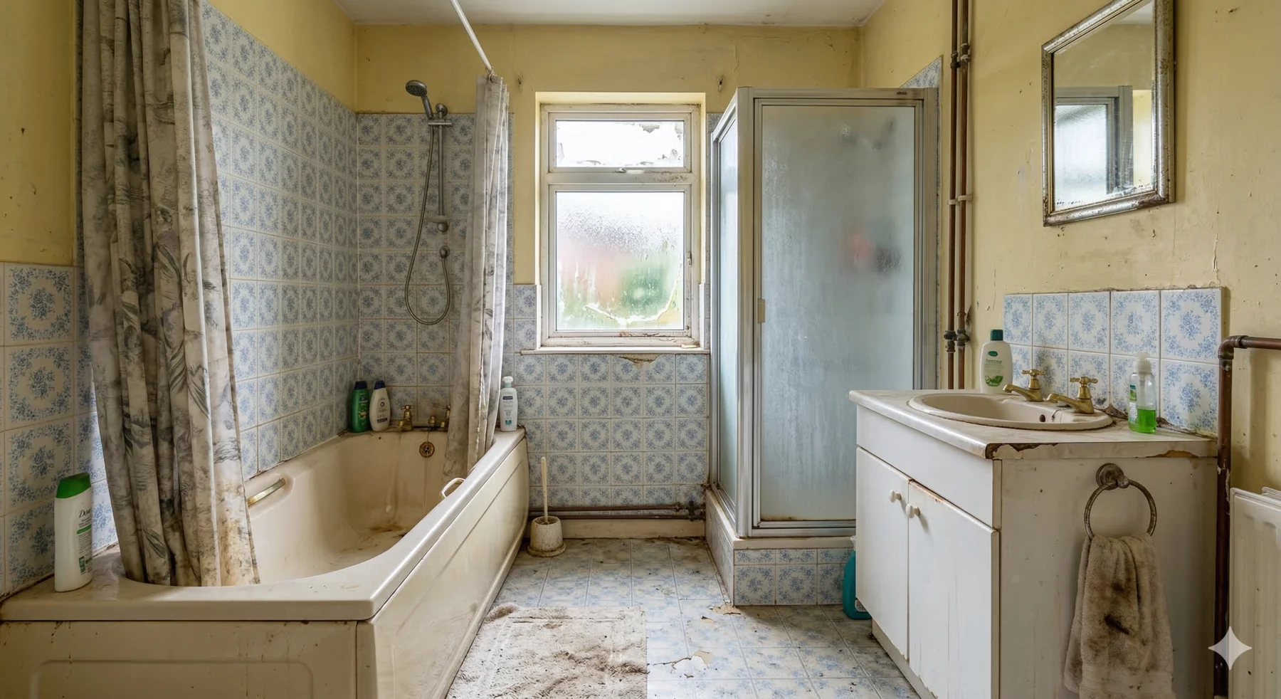 Dated Dublin bathroom before renovation — old tiles, worn fixtures