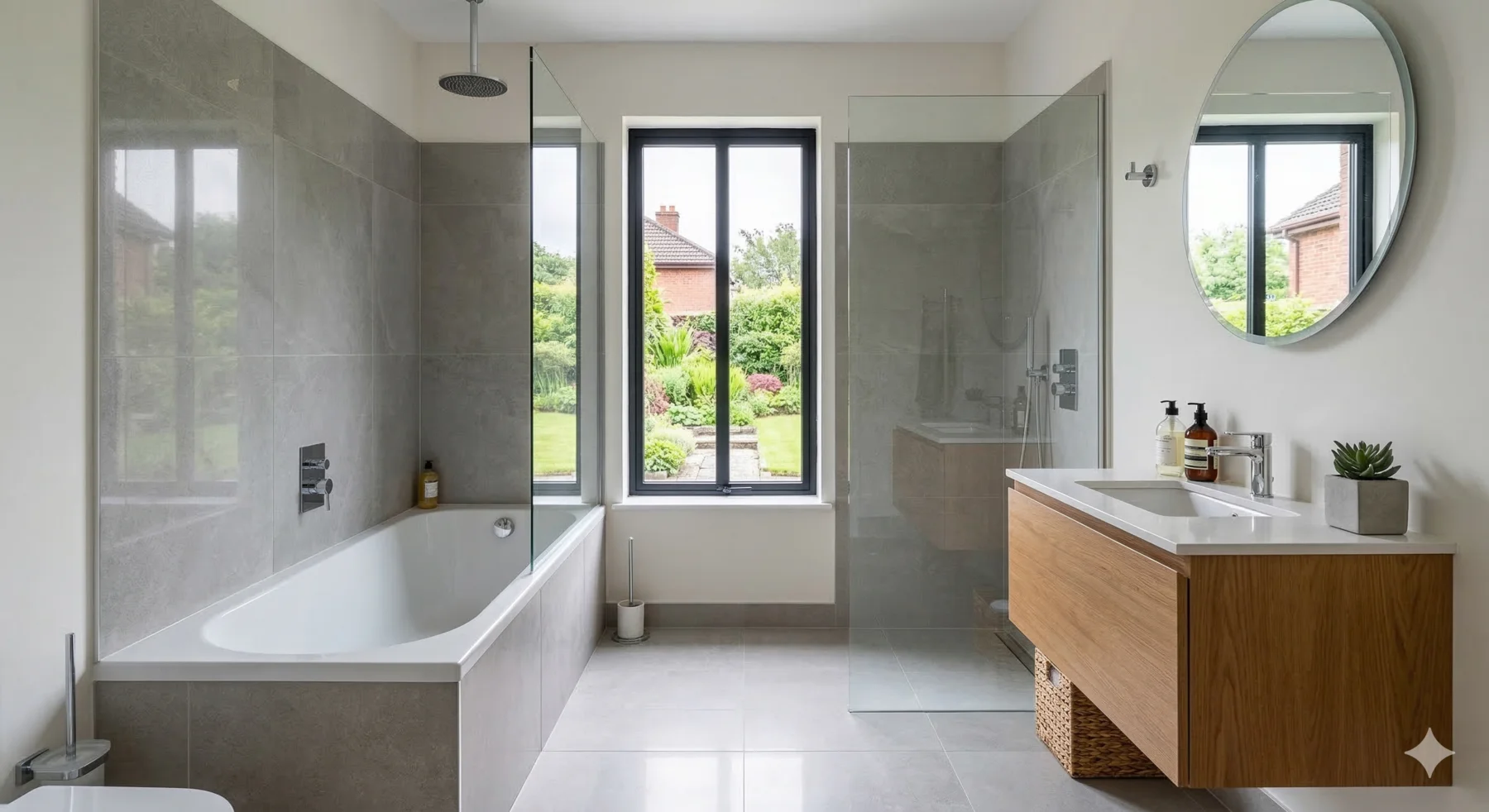Modern family bathroom after renovation by BR Building Services — walk-in shower and bath