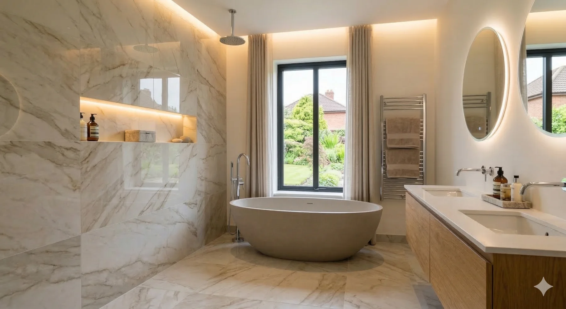 Luxury marble bathroom renovation with freestanding bath by BR Building Services Dublin
