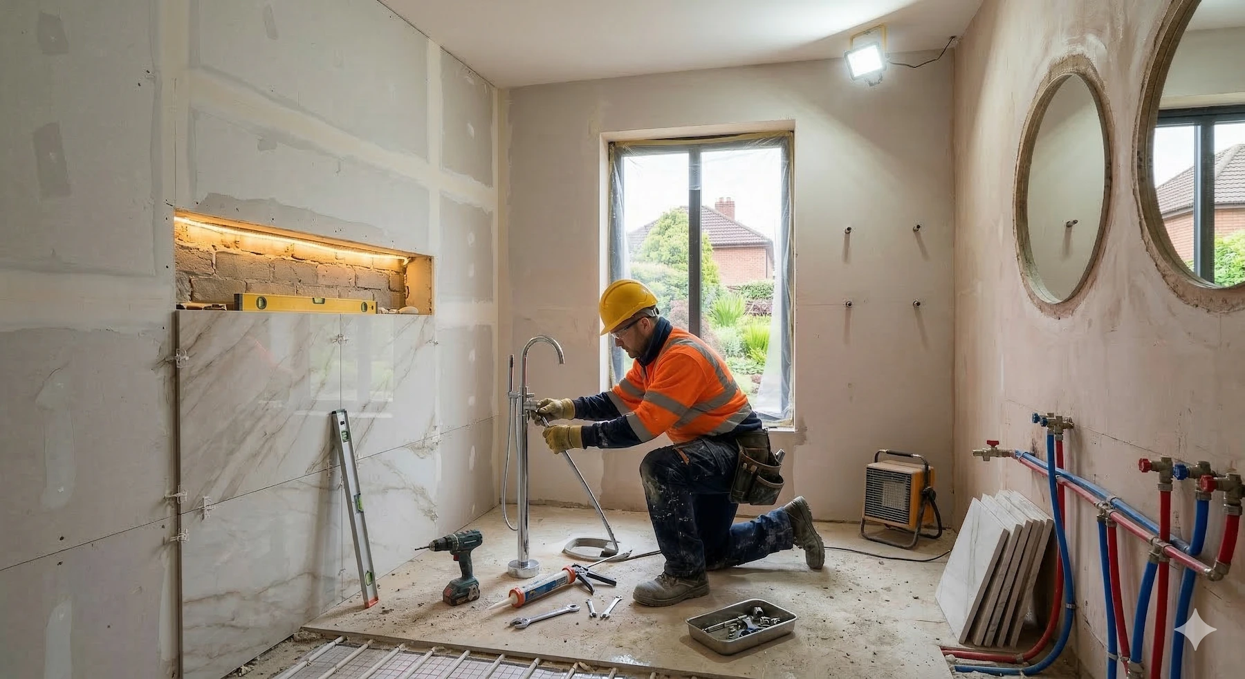 Bathroom renovation in progress — plumber installing fixtures in a South Dublin home