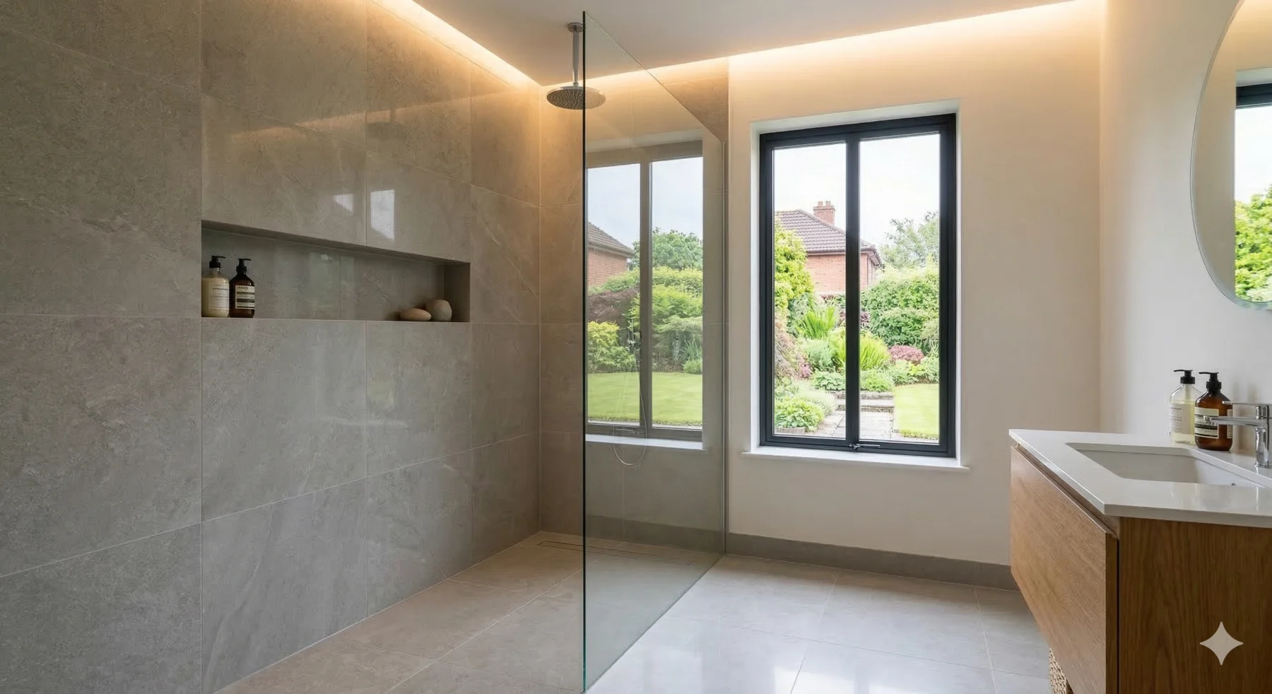 Completed walk-in wet room with rainfall shower and recessed niche — BR Building Services
