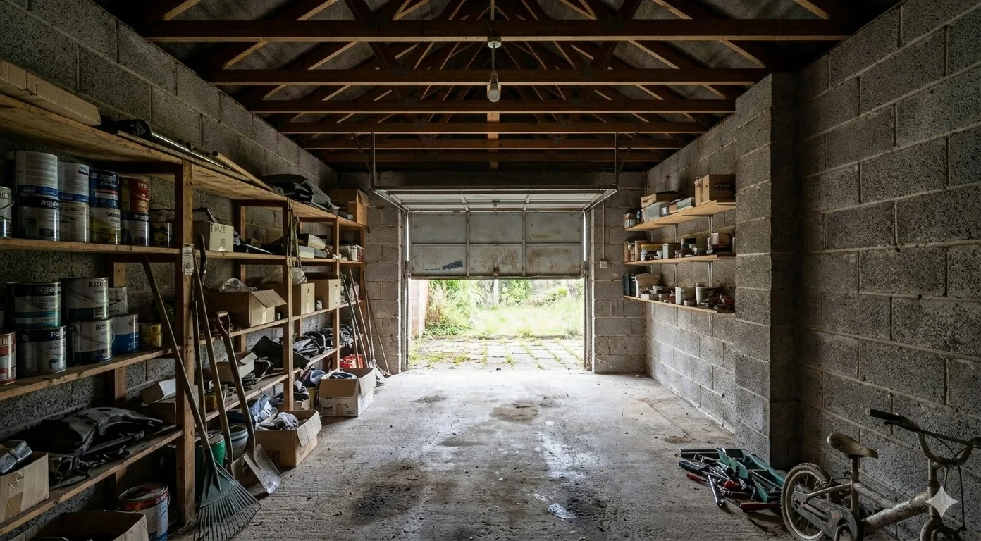 Bare concrete block garage interior before conversion — typical Dublin semi-detached house
