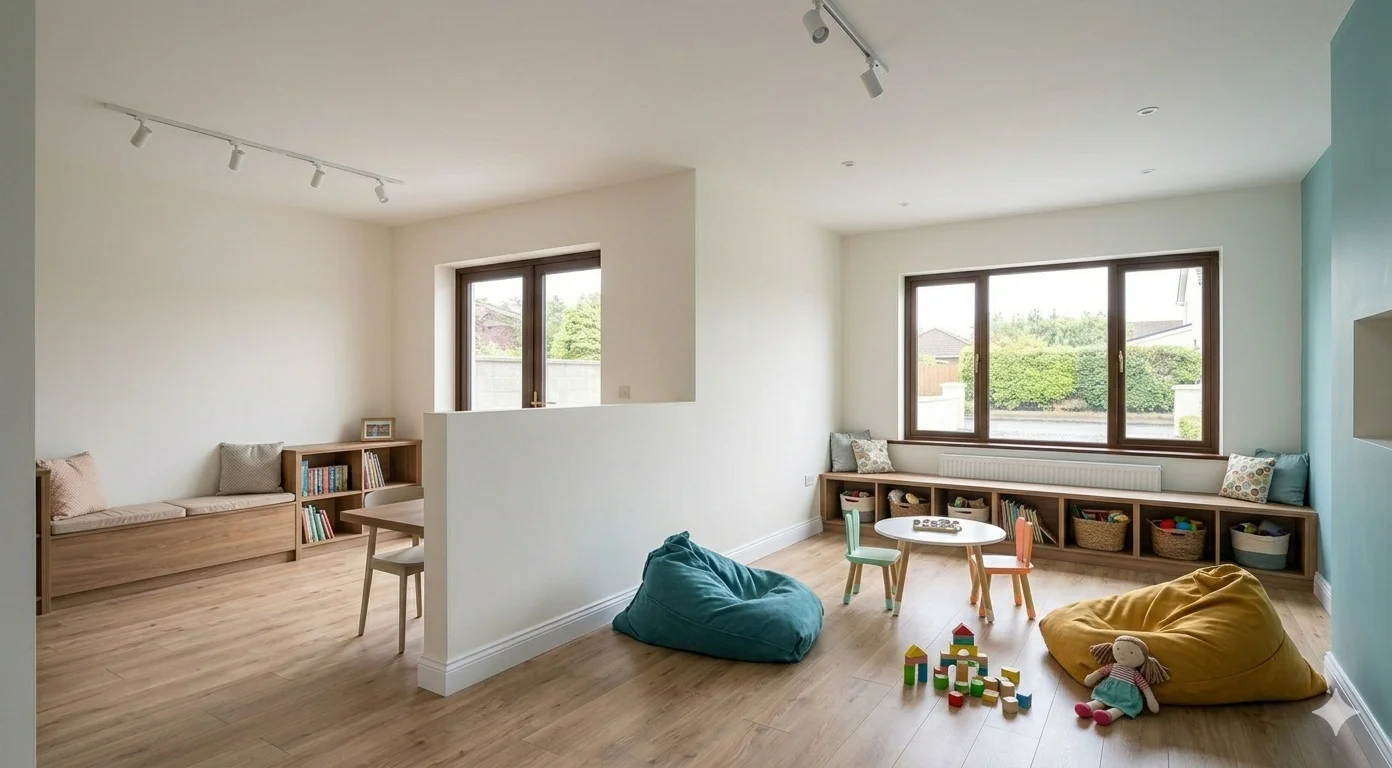 Double garage converted to a bright children's playroom with teal accent wall and built-in storage in Dublin — BR Building Services