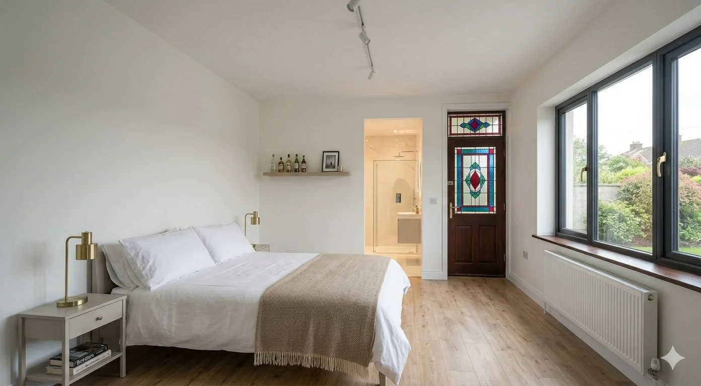 Garage converted to guest bedroom with ensuite bathroom and stained glass feature in South Dublin — BR Building Services