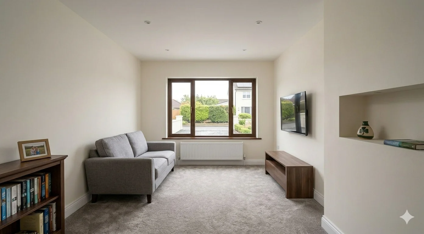 Single garage converted to a cosy living room with grey sofa and wall-mounted TV in Dublin — BR Building Services