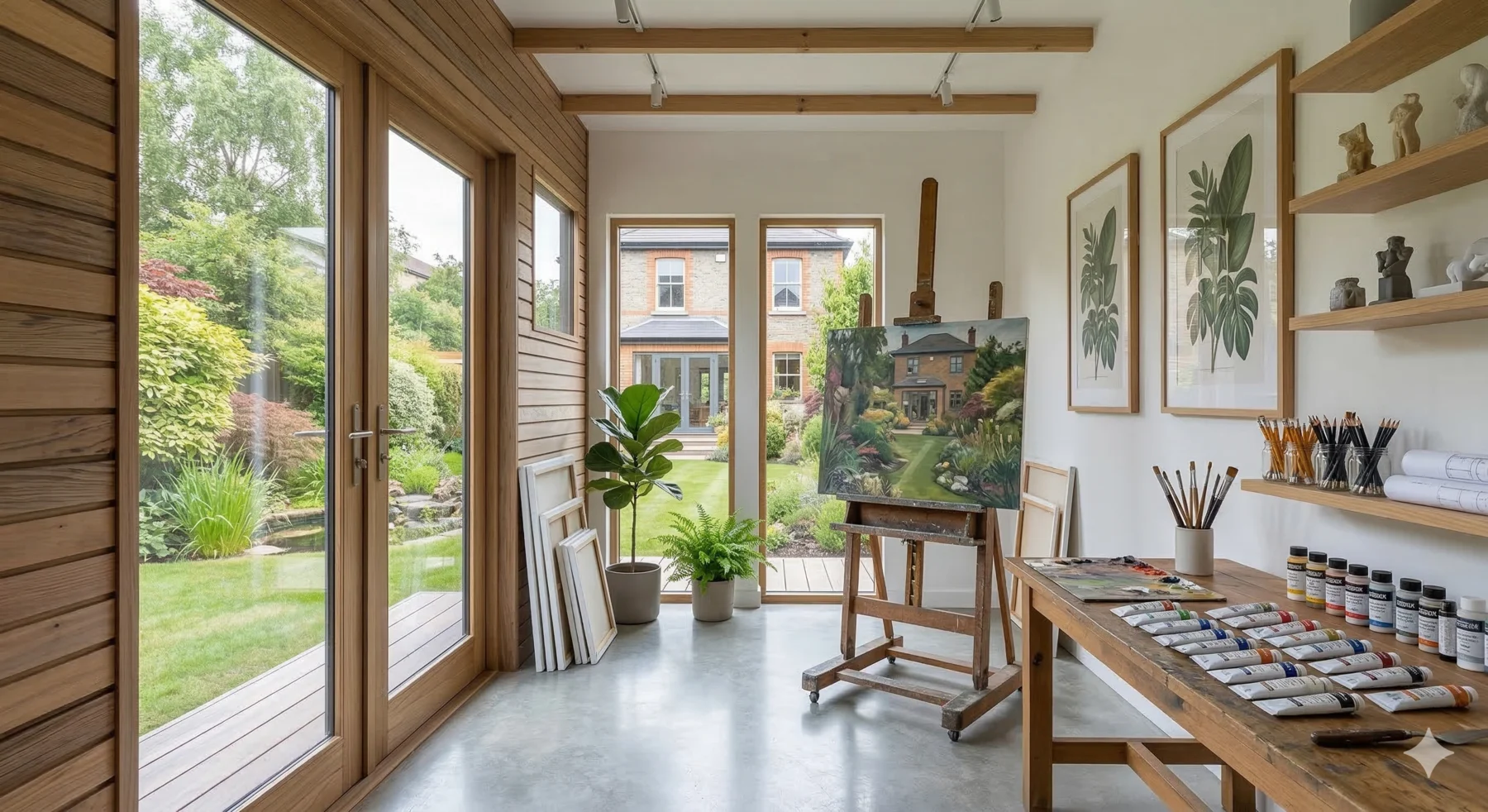 Garden room art studio with easel, natural light, and painting supplies