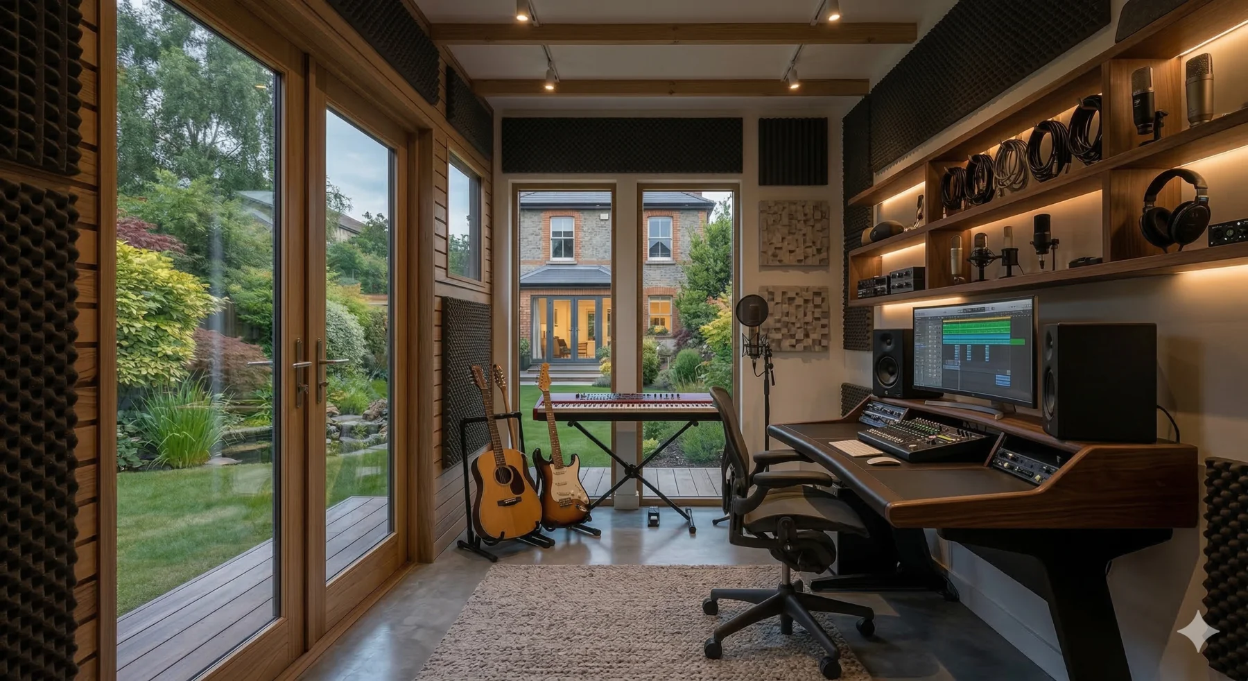 Garden room music studio with acoustic panels, recording equipment and instruments