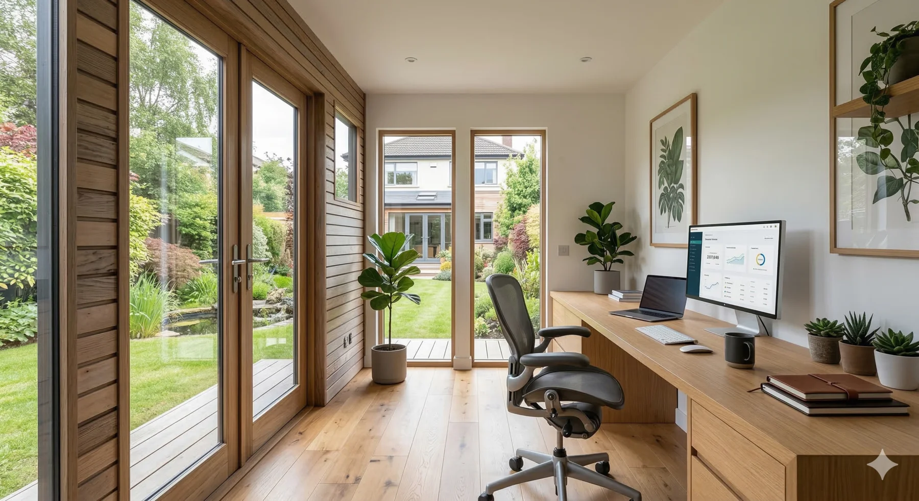 Garden room home office in South Dublin with built-in desk, natural light, and garden views