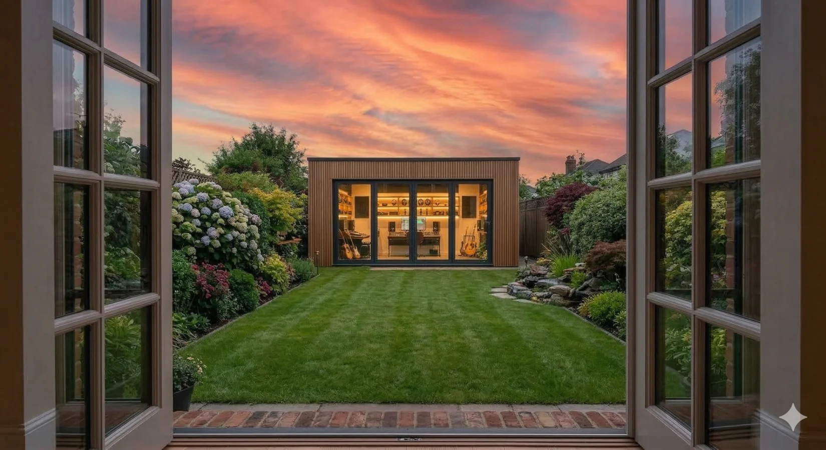 Garden room music studio glowing at sunset viewed from the house across a landscaped Dublin garden