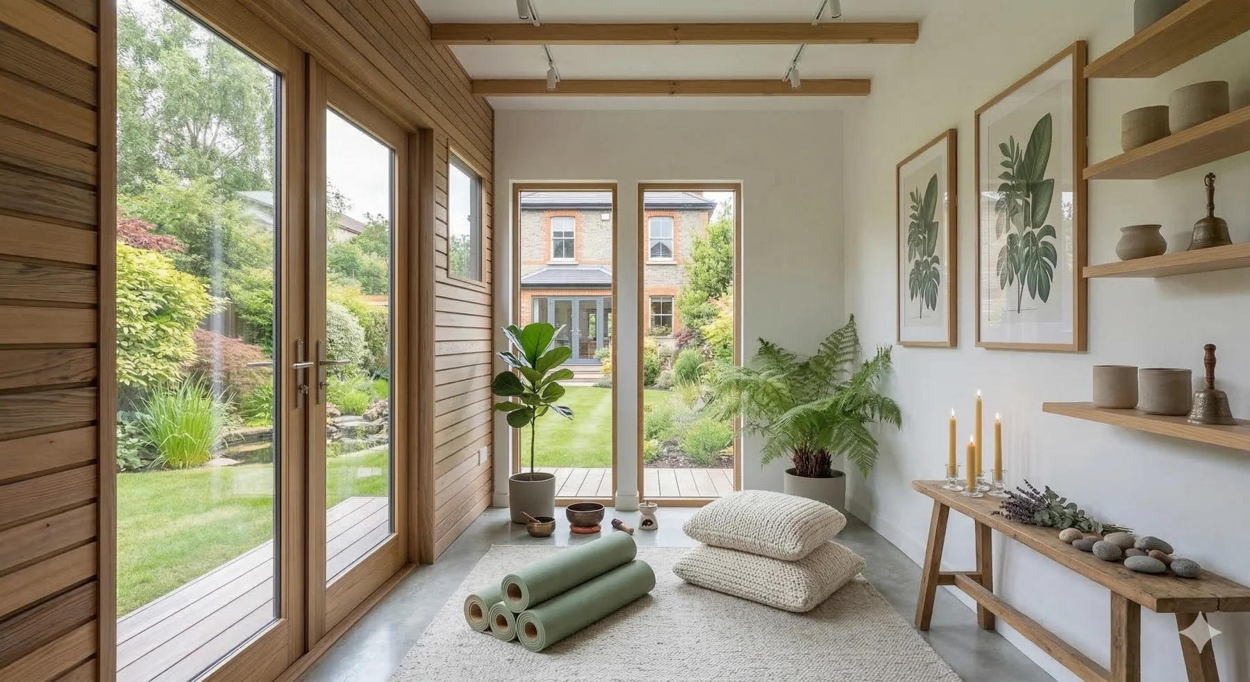 Garden room yoga and wellness studio with mats, cushions and candles