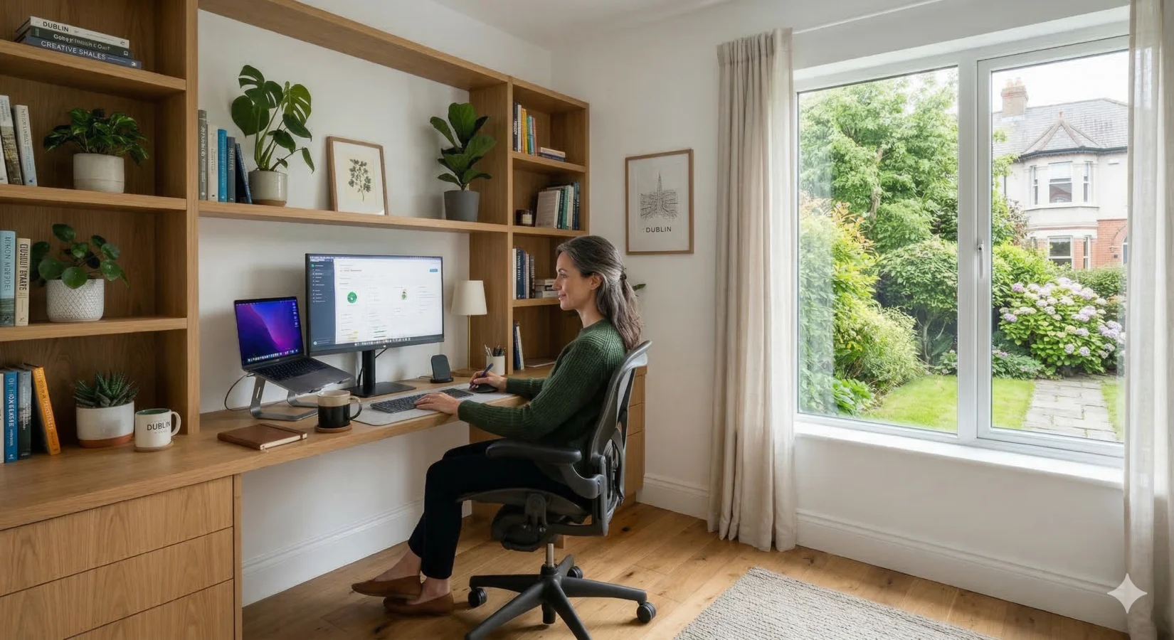 Woman working in a beautifully converted home office with built-in oak desk and shelving in Dublin