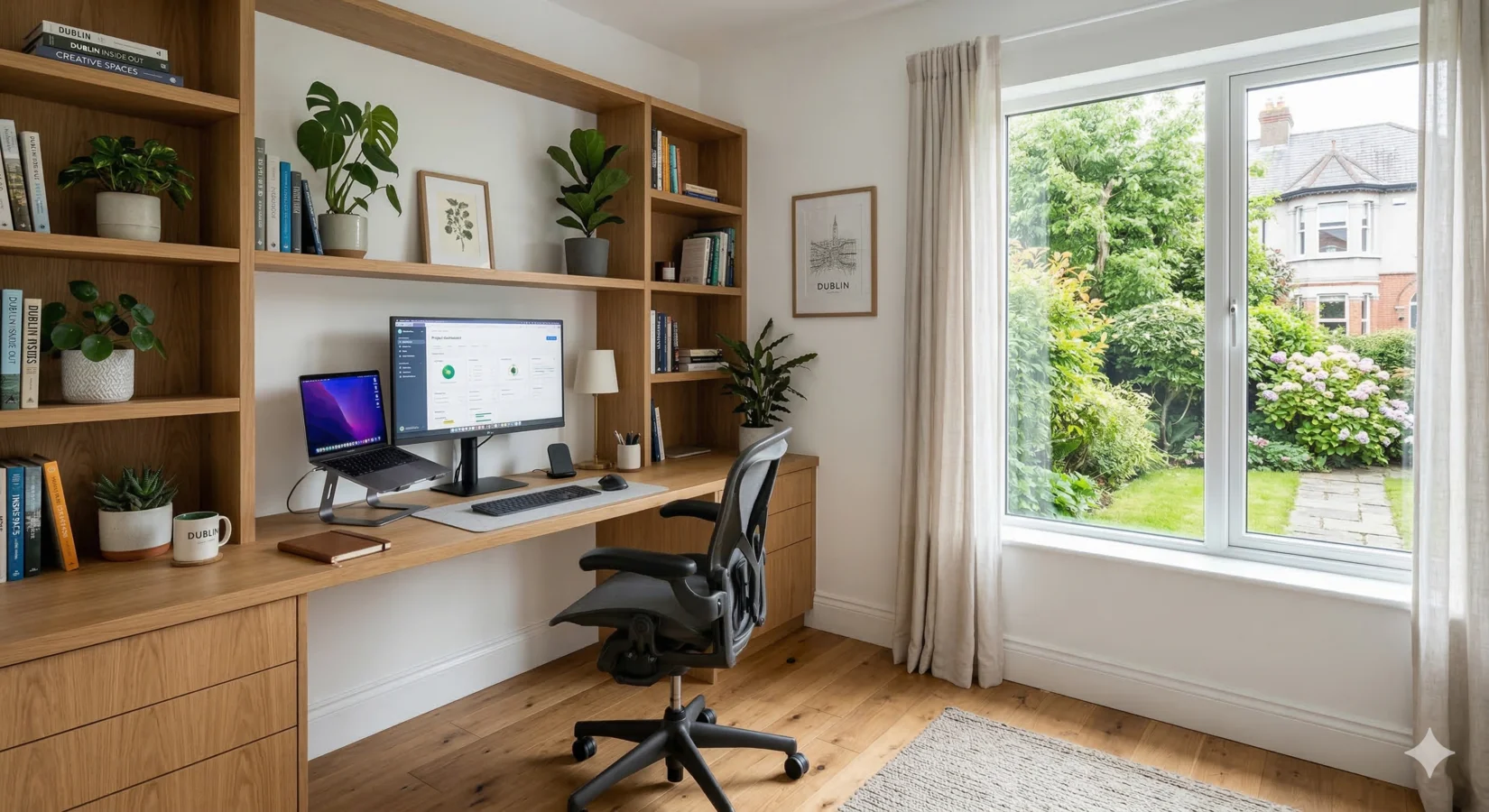 Room after renovation — modern built-in home office with oak desk and shelving
