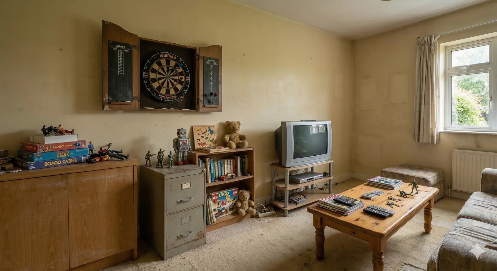 Room before renovation — outdated playroom with old furniture