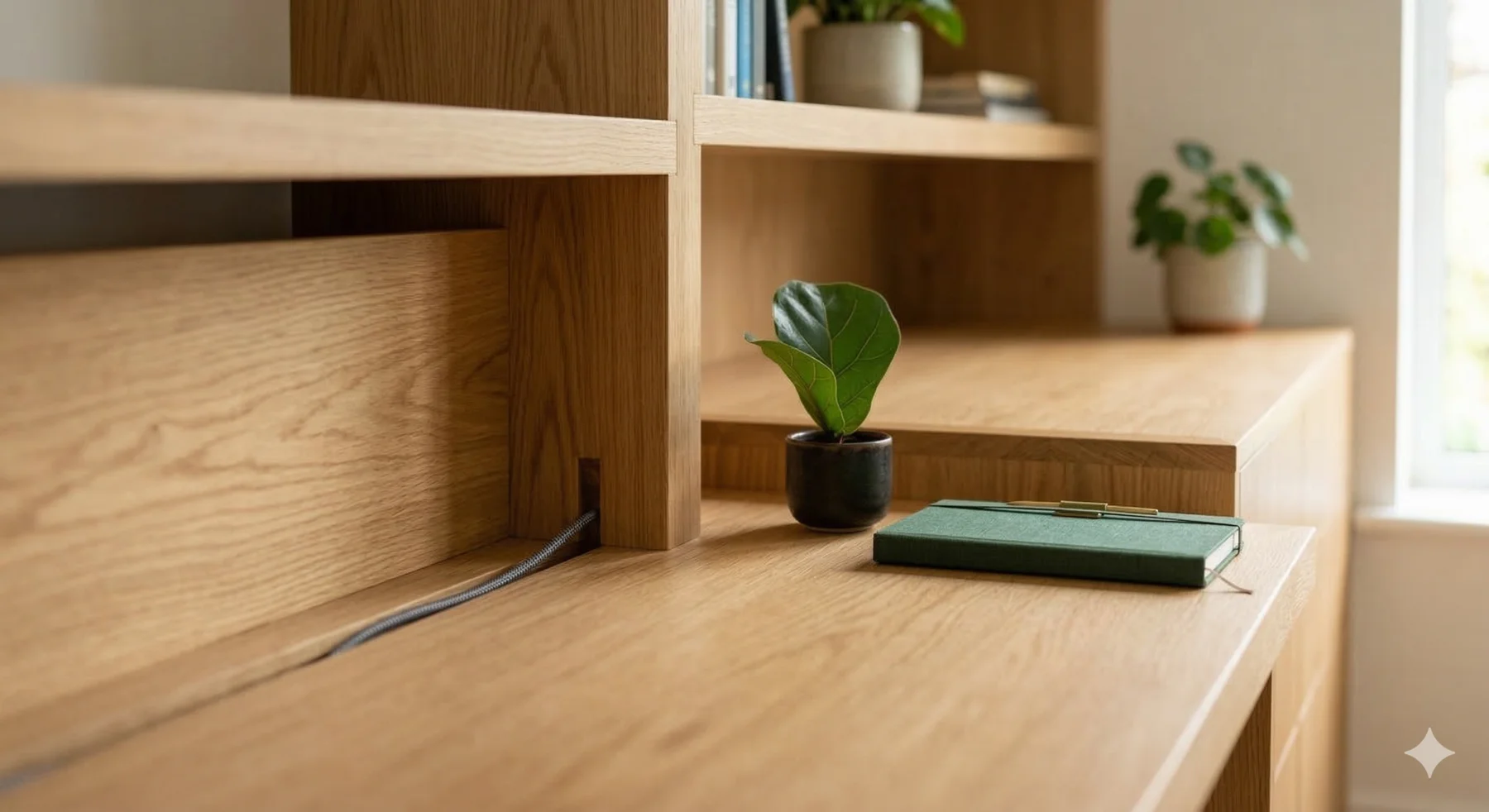 Close-up of built-in oak desk with integrated cable management and quality joinery