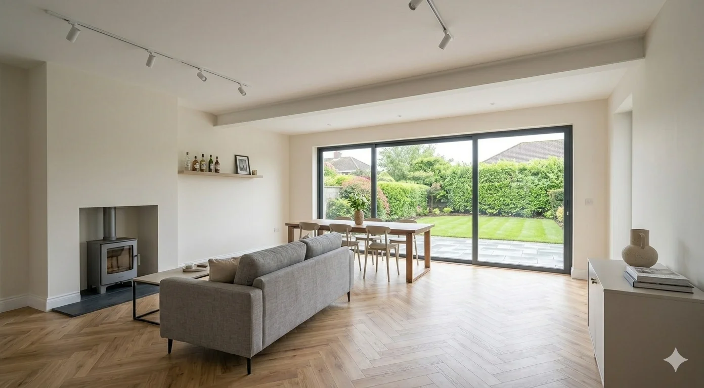 Renovated open-plan living dining room with stove and oak flooring in Dublin