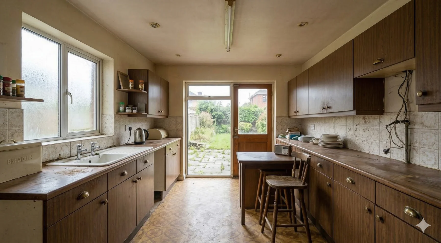 Dated 1970s kitchen with dark brown veneer cabinets before renovation — typical Dublin semi-detached house