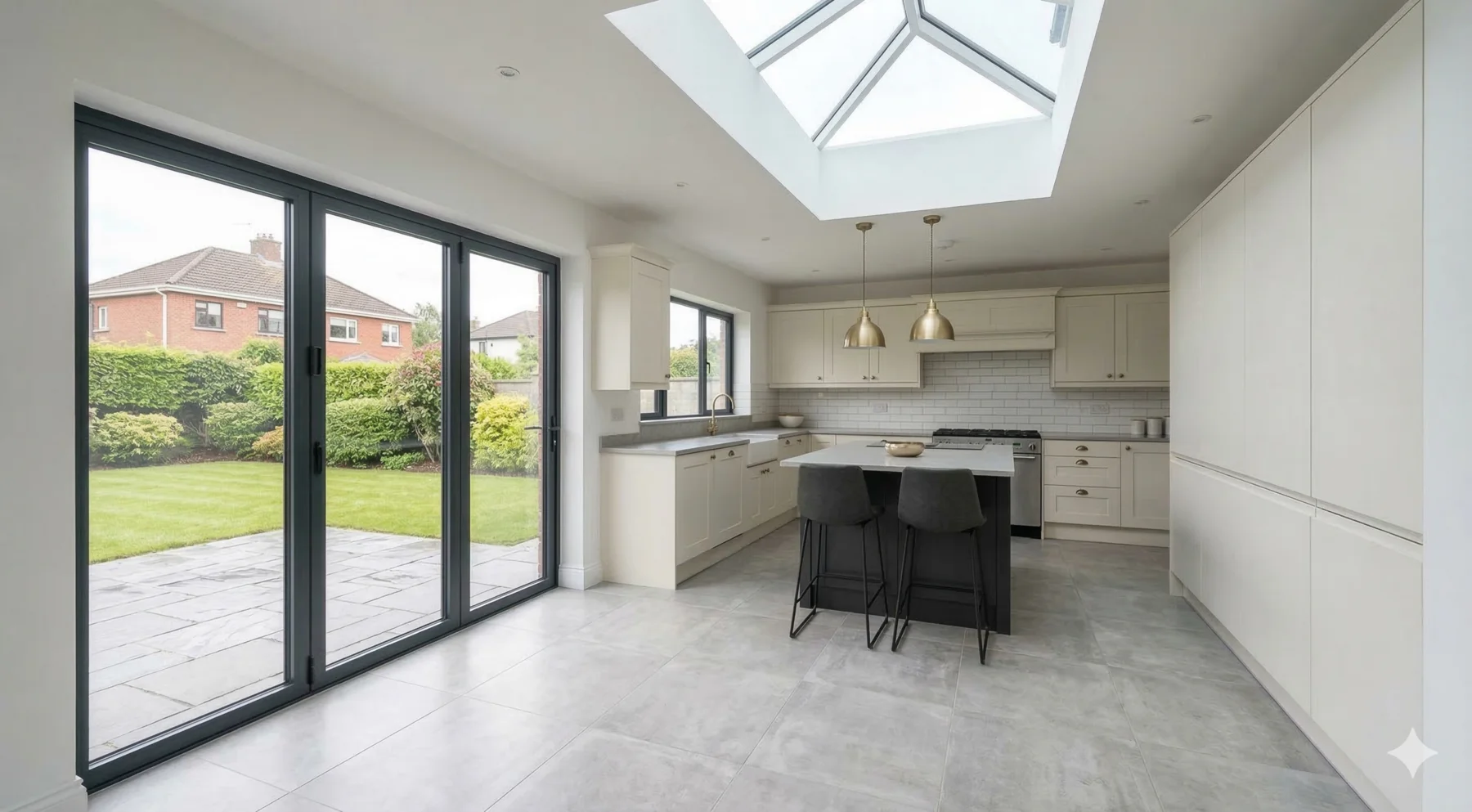 Bright rear kitchen extension with roof lantern and bi-fold doors in Dublin — BR Building Services