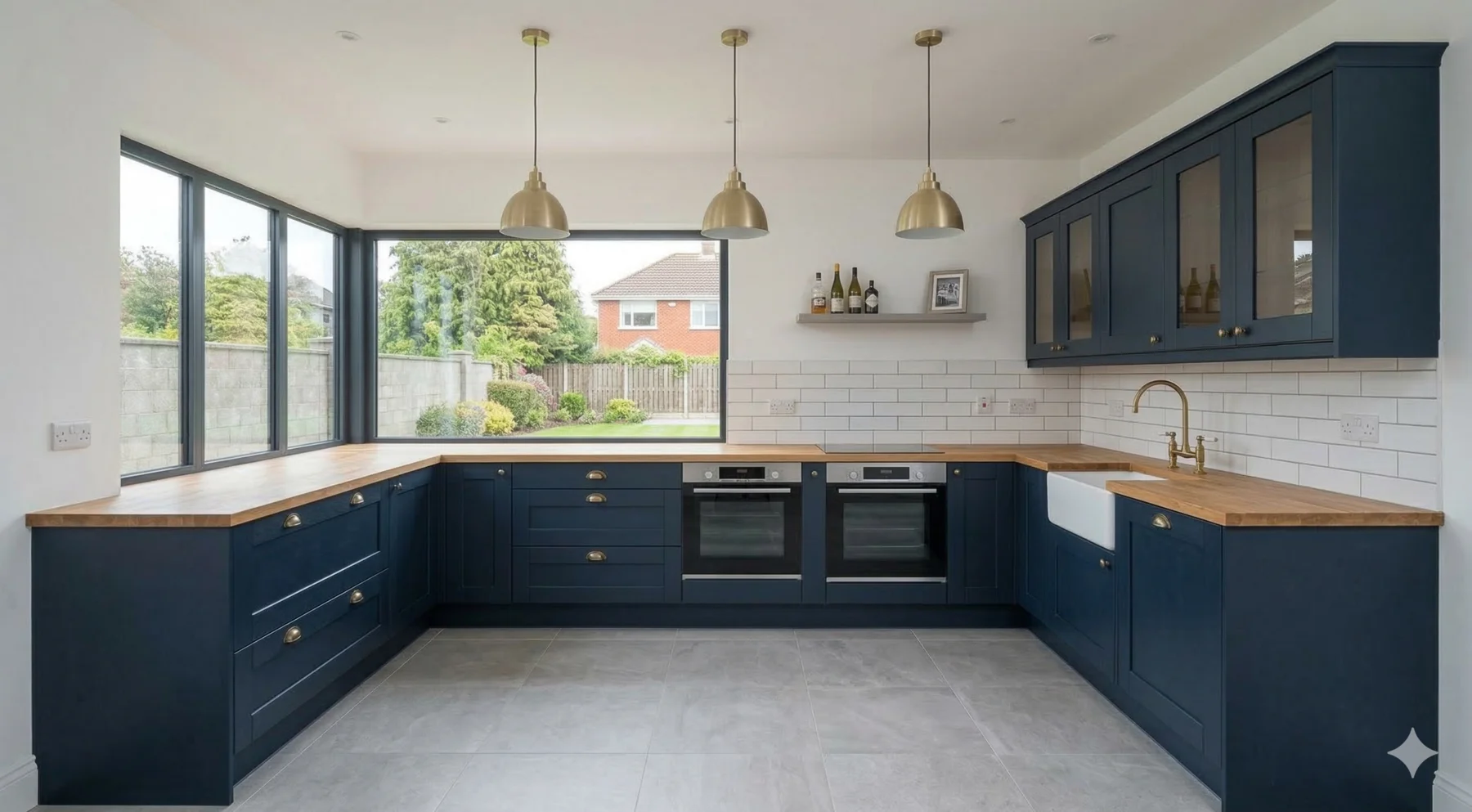 Navy blue shaker-style fitted kitchen with brass handles and oak worktop in Dublin — BR Building Services