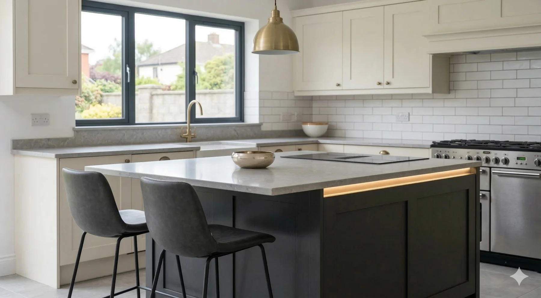 Kitchen island with breakfast bar stools and LED under-counter lighting in Dublin — BR Building Services