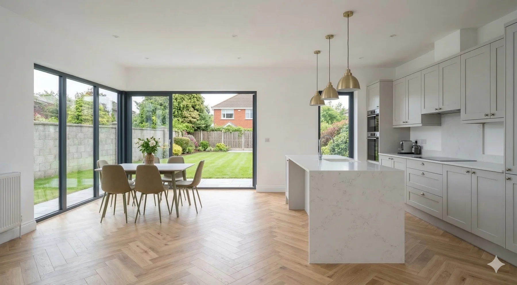 Open plan kitchen extension in a Ranelagh redbrick terrace by BR Building Services